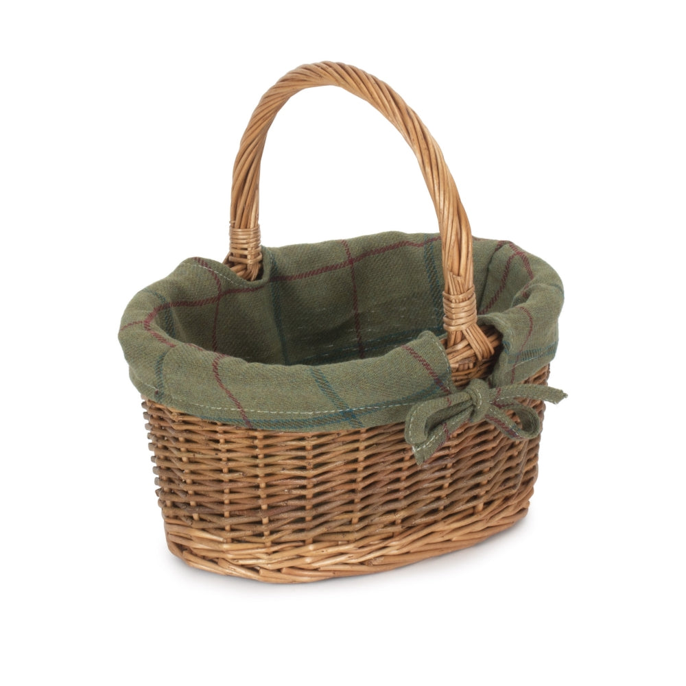 Green Tweed Lined Country Oval Wicker Shopping Basket