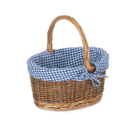 Blue Checked Lined Country Oval Wicker Shopping Basket