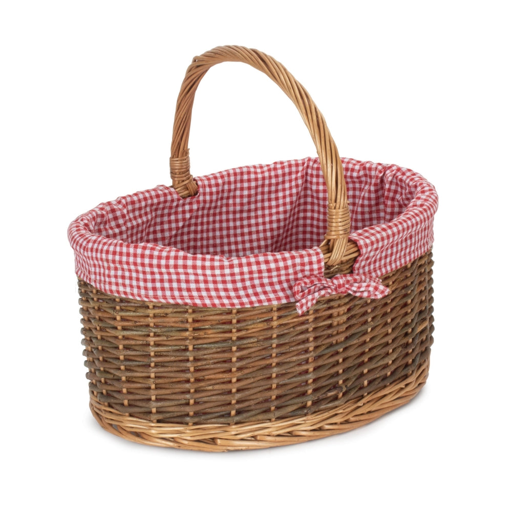 Red Checked Lined Country Oval Wicker Shopping Basket