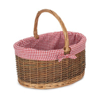 Red Checked Lined Country Oval Wicker Shopping Basket