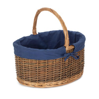 Blue Lined Country Oval Wicker Shopping Basket