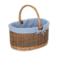 Blue Checked Lined Country Oval Wicker Shopping Basket