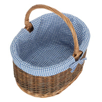 Blue Checked Lined Country Oval Wicker Shopping Basket