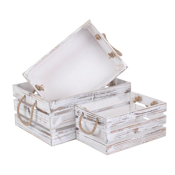 Red Hamper Distressed White Rope Handled Wooden Crates