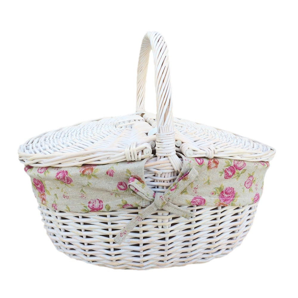 White Wash Finish Oval Wicker Picnic Basket