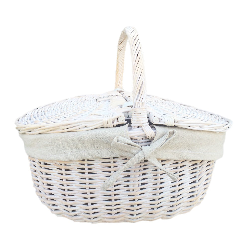 White Wash Finish Oval Wicker Picnic Basket