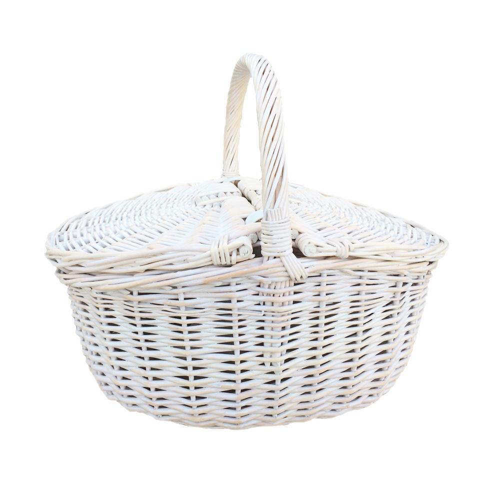 Red Hamper White Wash Finish Oval Wicker Picnic Basket