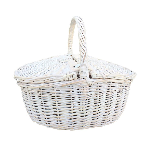 Red Hamper White Wash Finish Oval Wicker Picnic Basket