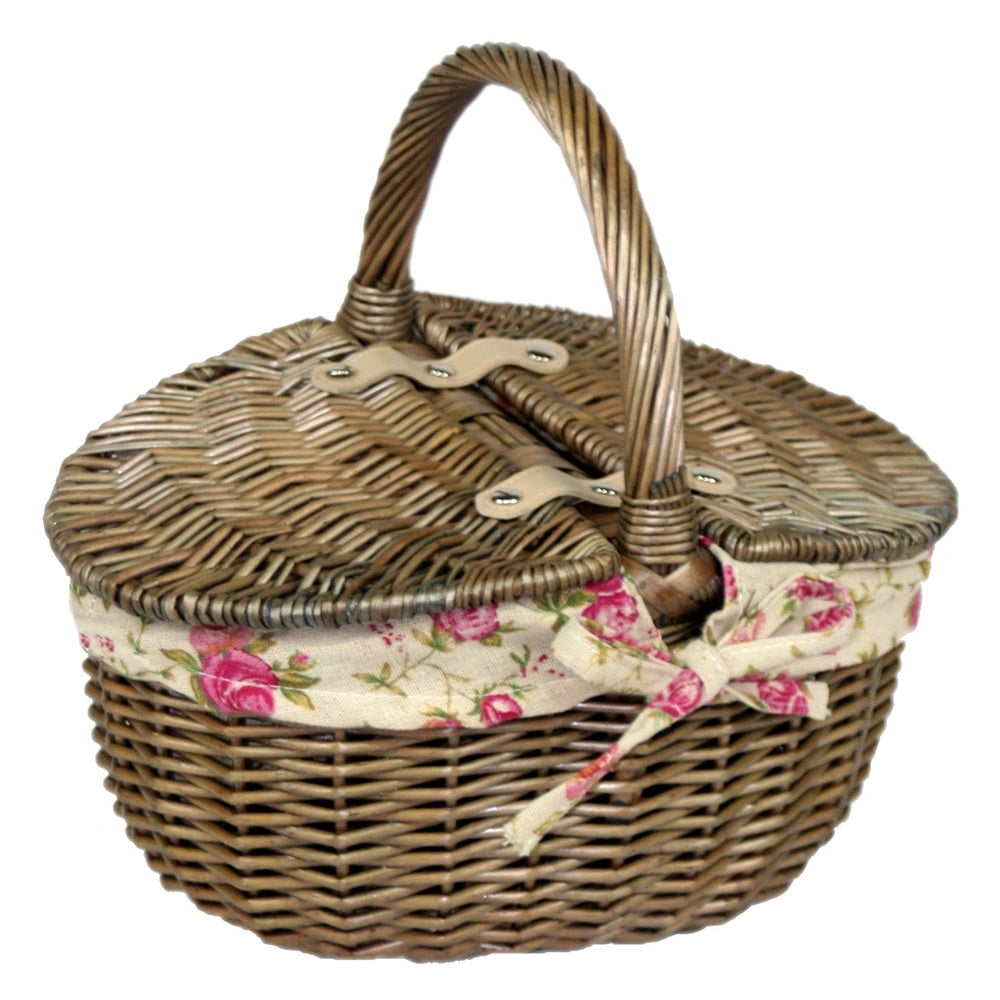 Petit panier de pique-nique ovale à double couvercle et lavage antique