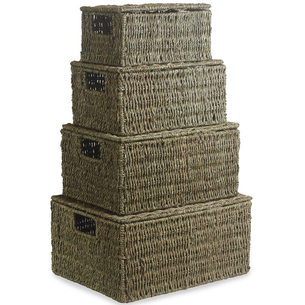 Red Hamper Lidded Seagrass Storage Baskets