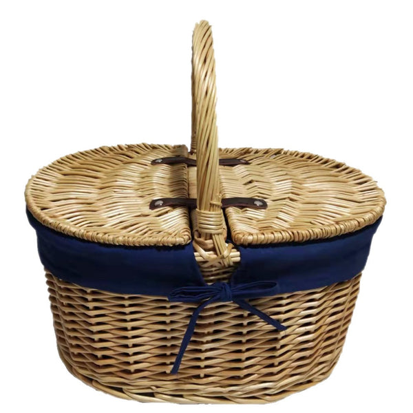 Ovaler Picknick-Einkaufskorb mit Deckel und marineblauem Innenfutter