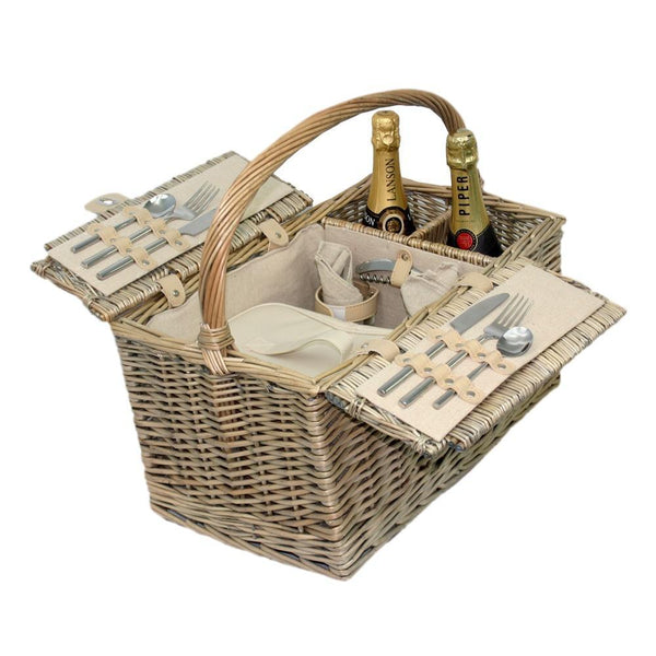 Deluxe Retro Double Lidded Wicker Fitted Picnic Basket