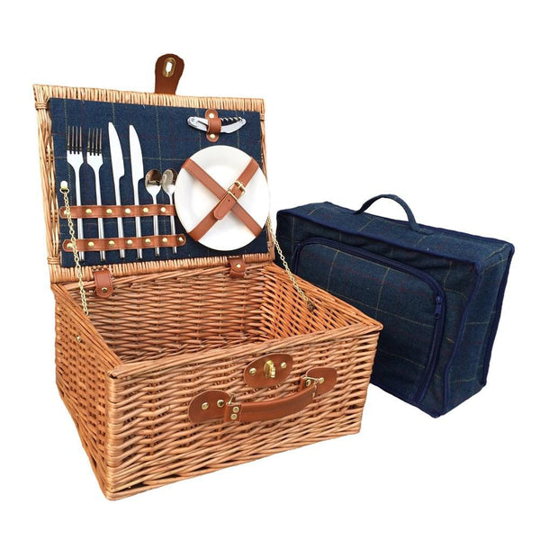 Blue Tweed Fitted Wicker Picnic Basket