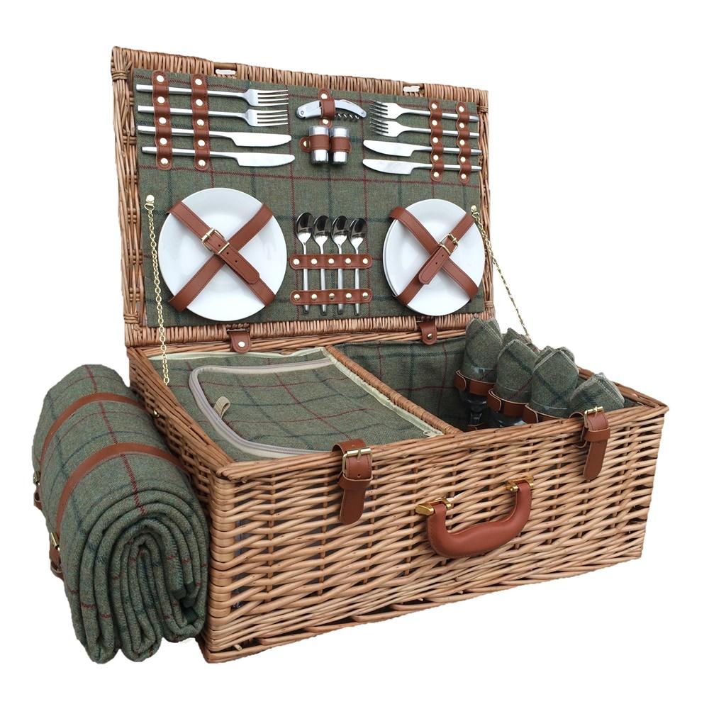 Green Tweed Fitted Wicker Picnic Basket