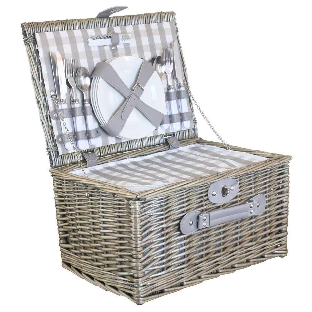 Grau karierter Picknickkorb aus Weidengeflecht mit Kühler