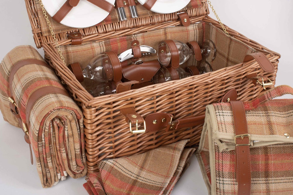 Autumn Red Tartan Fitted Wicker Picnic Basket with Cooler
