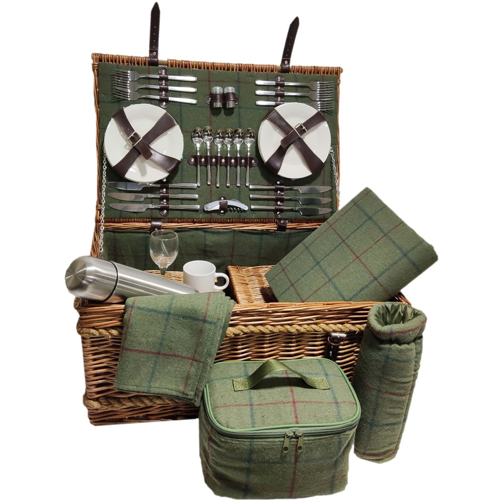 Rope Handled Green Tweed 6 Person Fitted Picnic Basket