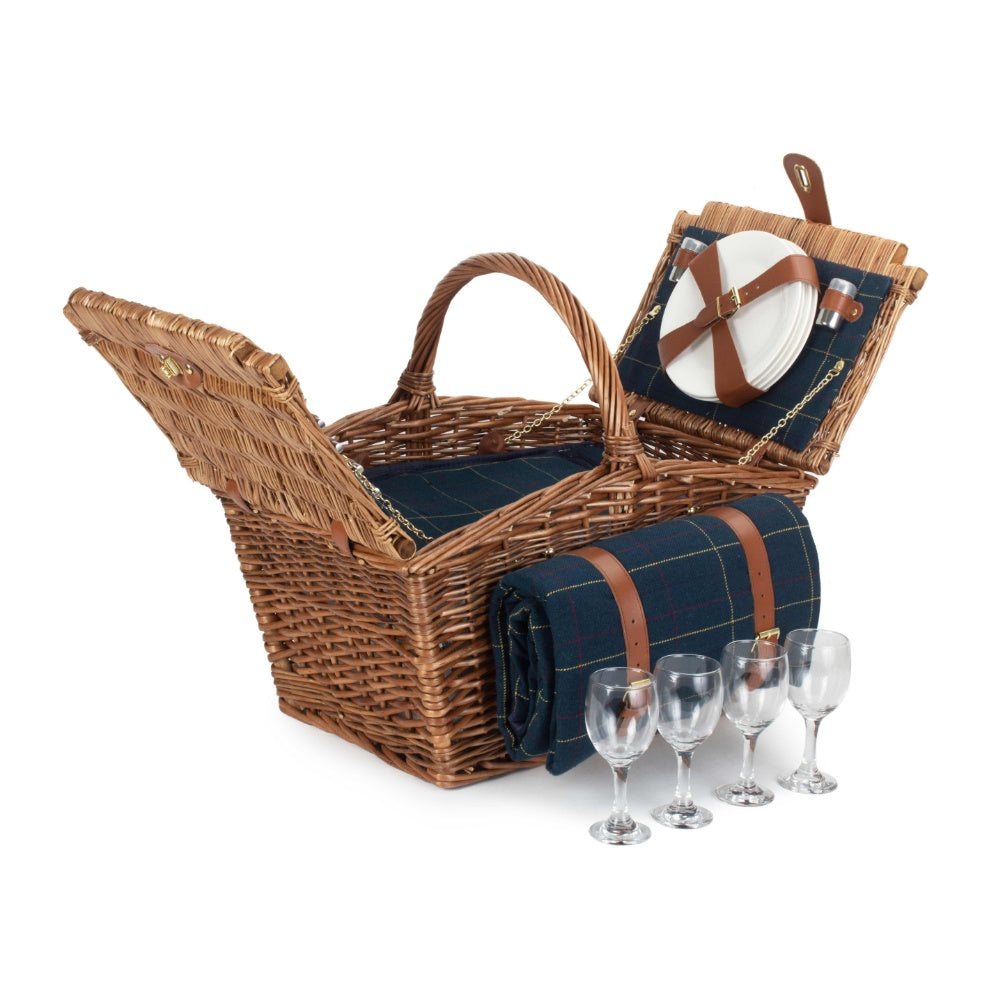 Elegant 4 Person Blue Tweed Fitted Picnic Basket