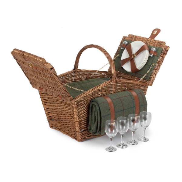 Red Hamper Elegant 4 Person Green Tweed Fitted Picnic Basket