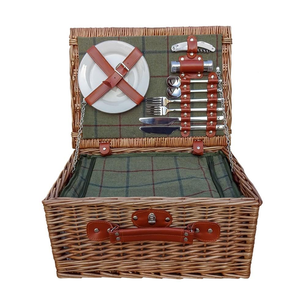 Badminton 2 Person Green Tweed Fitted Wicker Picnic Basket
