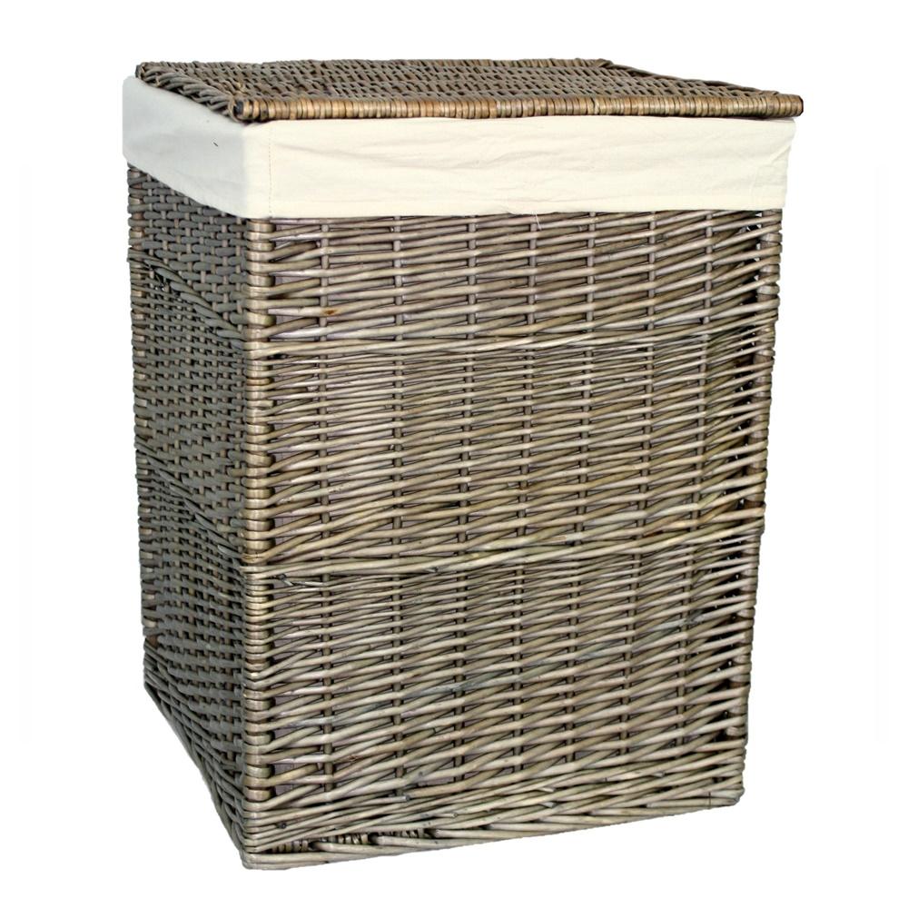 Antique Wash Square White Cotton Lined Laundry Basket