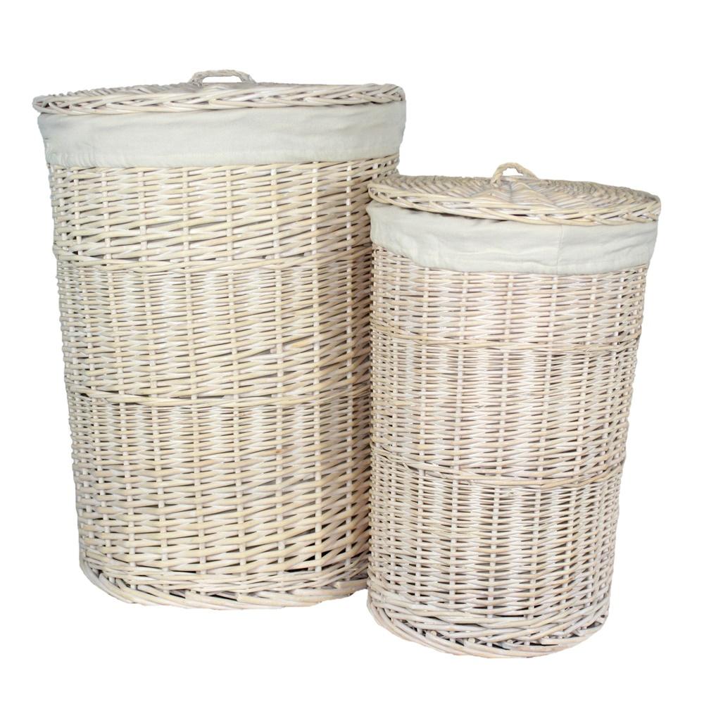 White Wash Round White Cotton Lined Laundry Basket