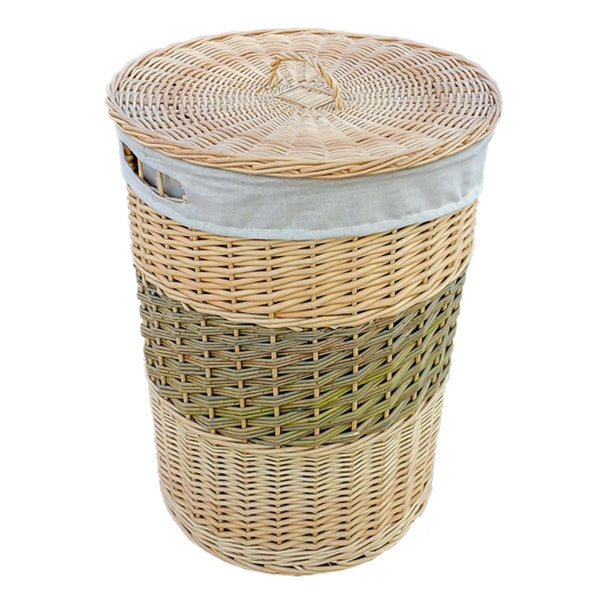 Two Toned Round Wicker Laundry Basket with Lid