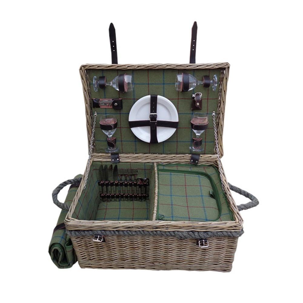Red Hamper Lancaster Green Tweed Fitted Wicker Picnic Basket with Blanket