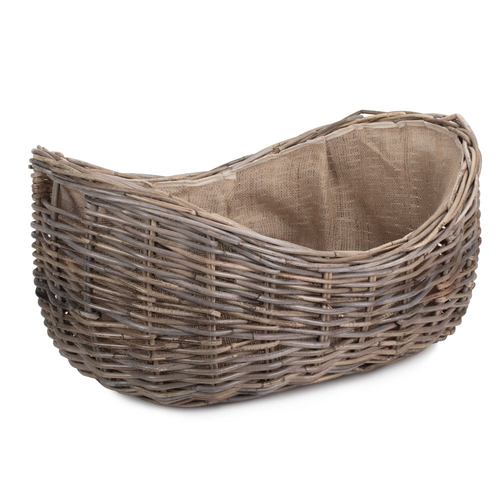 Panier à bûches en rotin en forme de bateau avec doublure en toile de jute