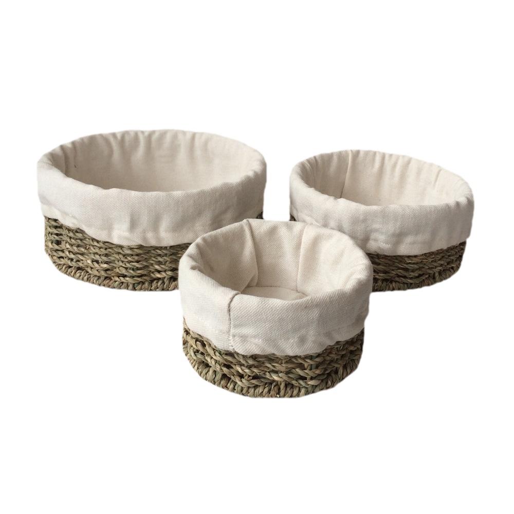 Red Hamper Set of 3 Cotton Lined Round Seagrass Tray