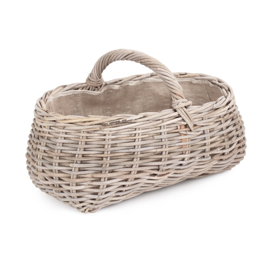 Grey Rattan Market Basket with Hessian Lining