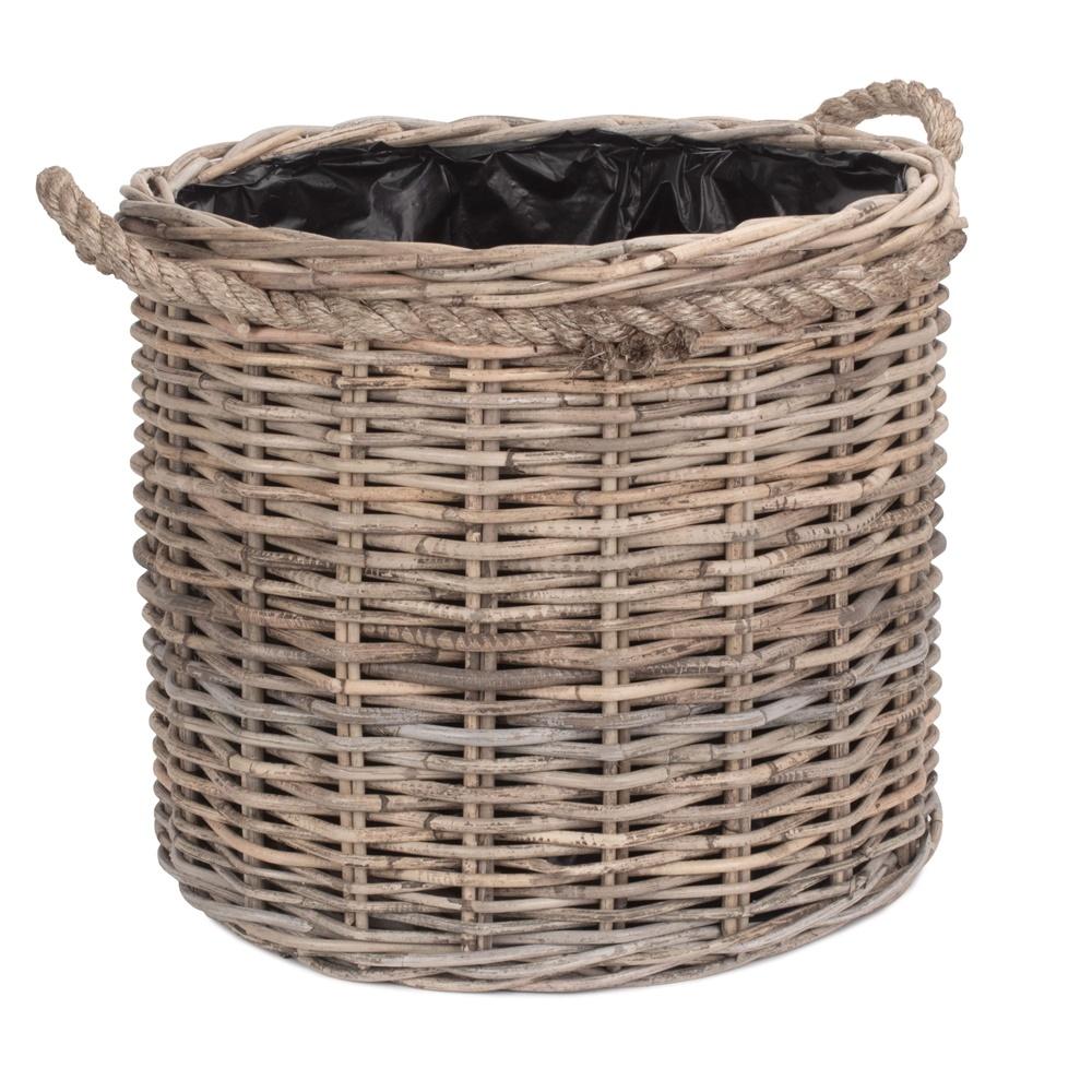 Red Hamper Rope Handled Rattan Round Planter with Plastic Lining