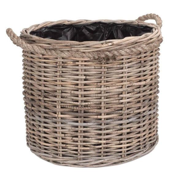 Red Hamper Rope Handled Rattan Round Planter with Plastic Lining