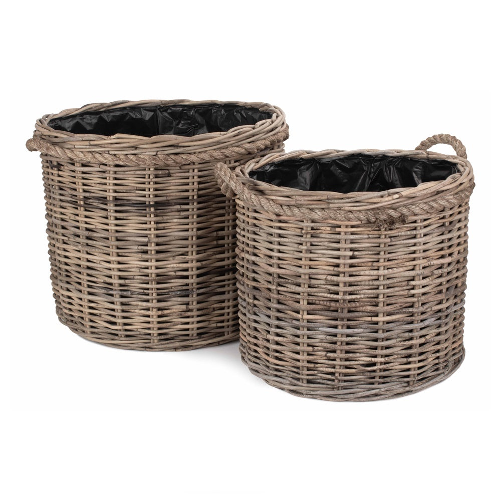 Red Hamper Rope Handled Rattan Round Planter with Plastic Lining