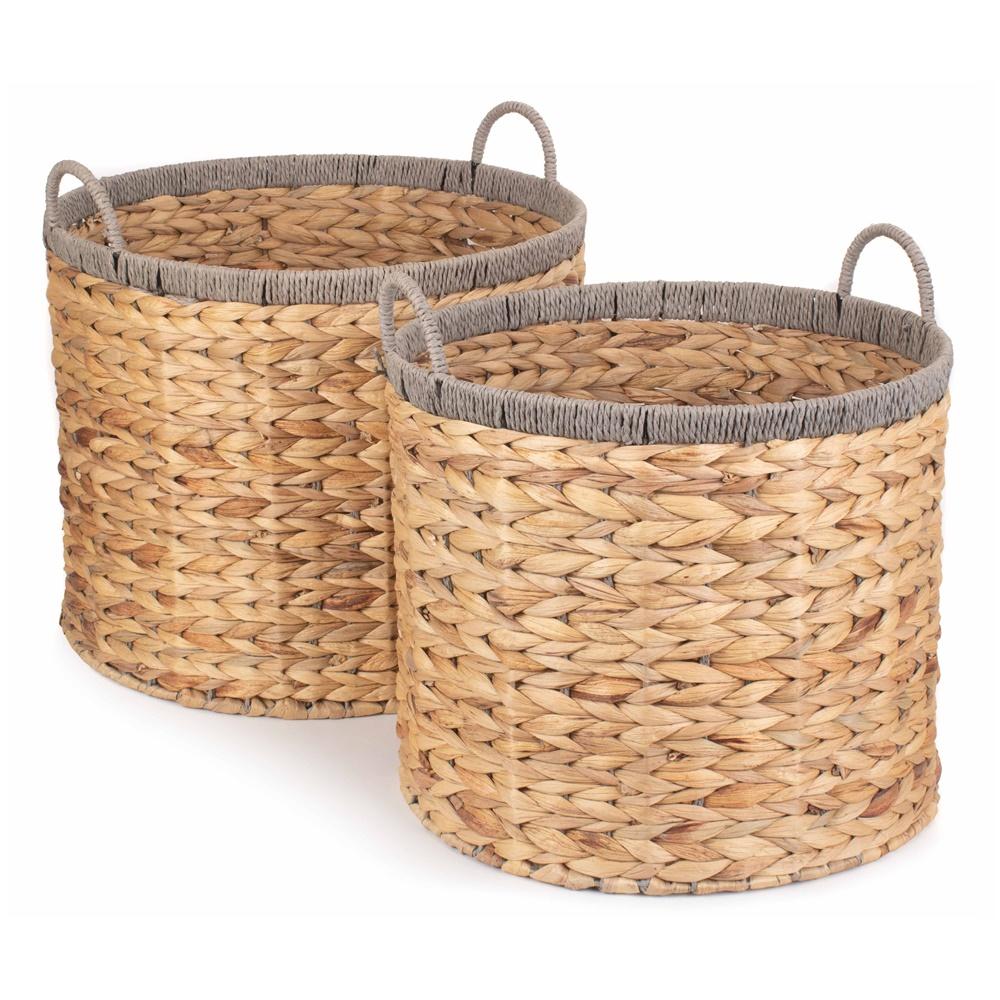 Red Hamper Round Water Hyacinth Basket With Grey Rope Border