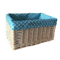 Panier de rangement en osier doublé bleu à pois