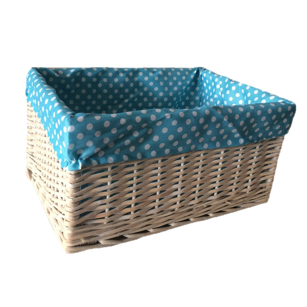 Panier de rangement en osier doublé bleu à pois