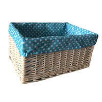 Panier de rangement en osier doublé bleu à pois