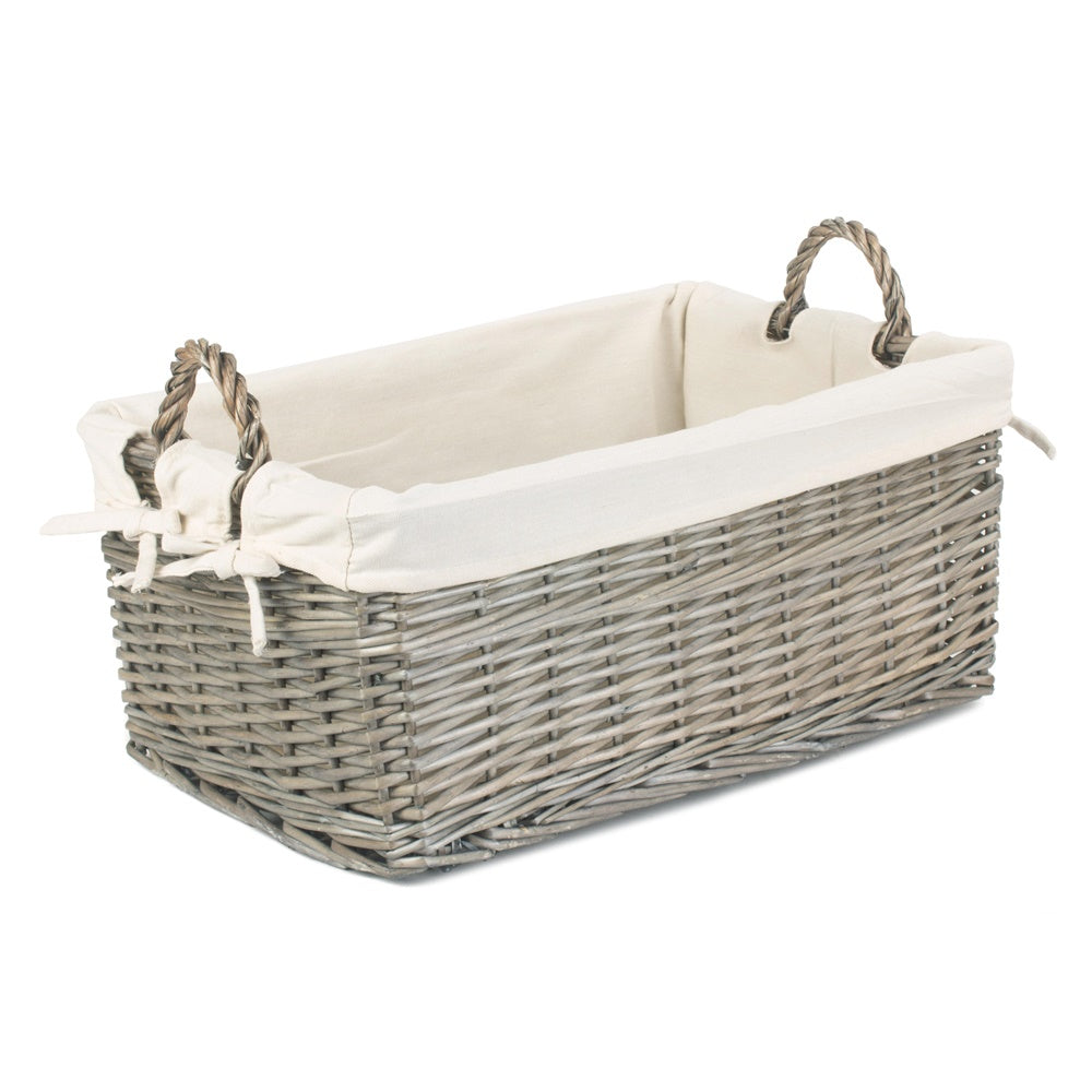 Panier en osier de rangement de lavage antique doublé de coton peu profond