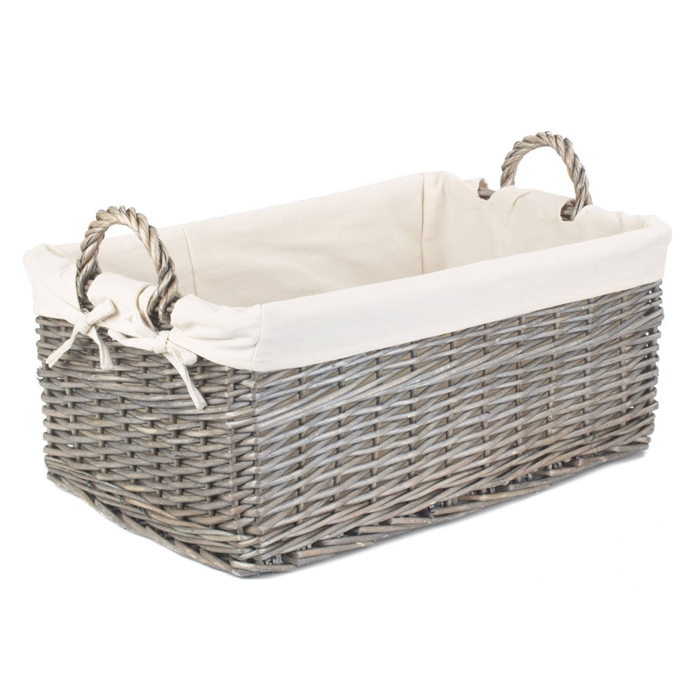 Red Hamper Shallow Cotton Lined Antique Wash Storage Wicker Basket