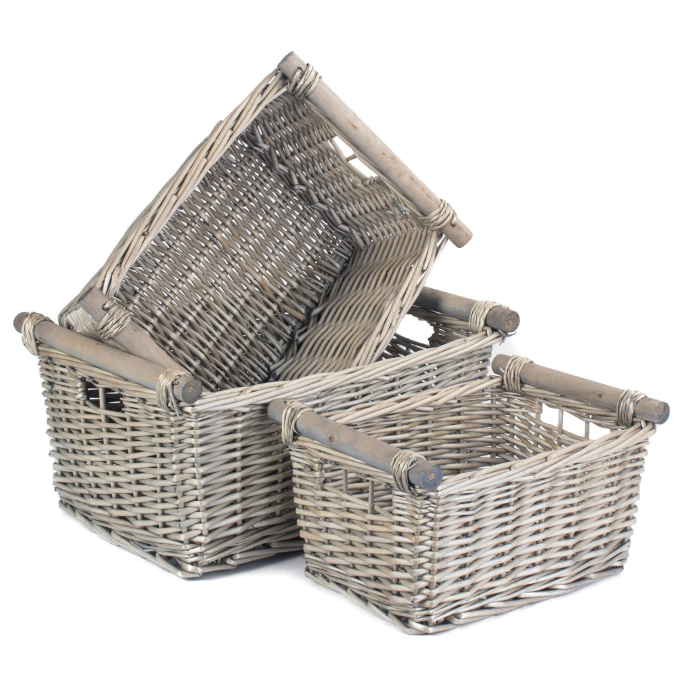 Panier de rangement en osier avec manche en bois gris Wash