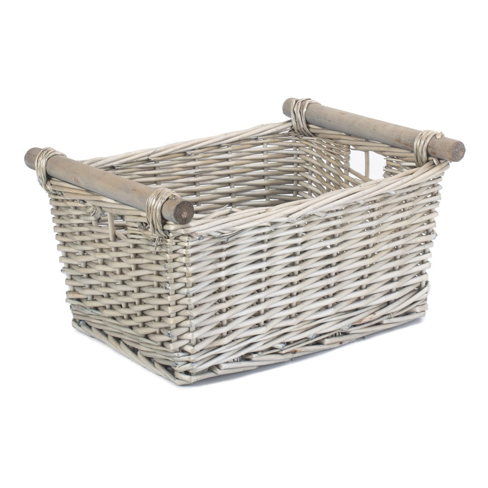 Panier de rangement en osier avec manche en bois gris Wash