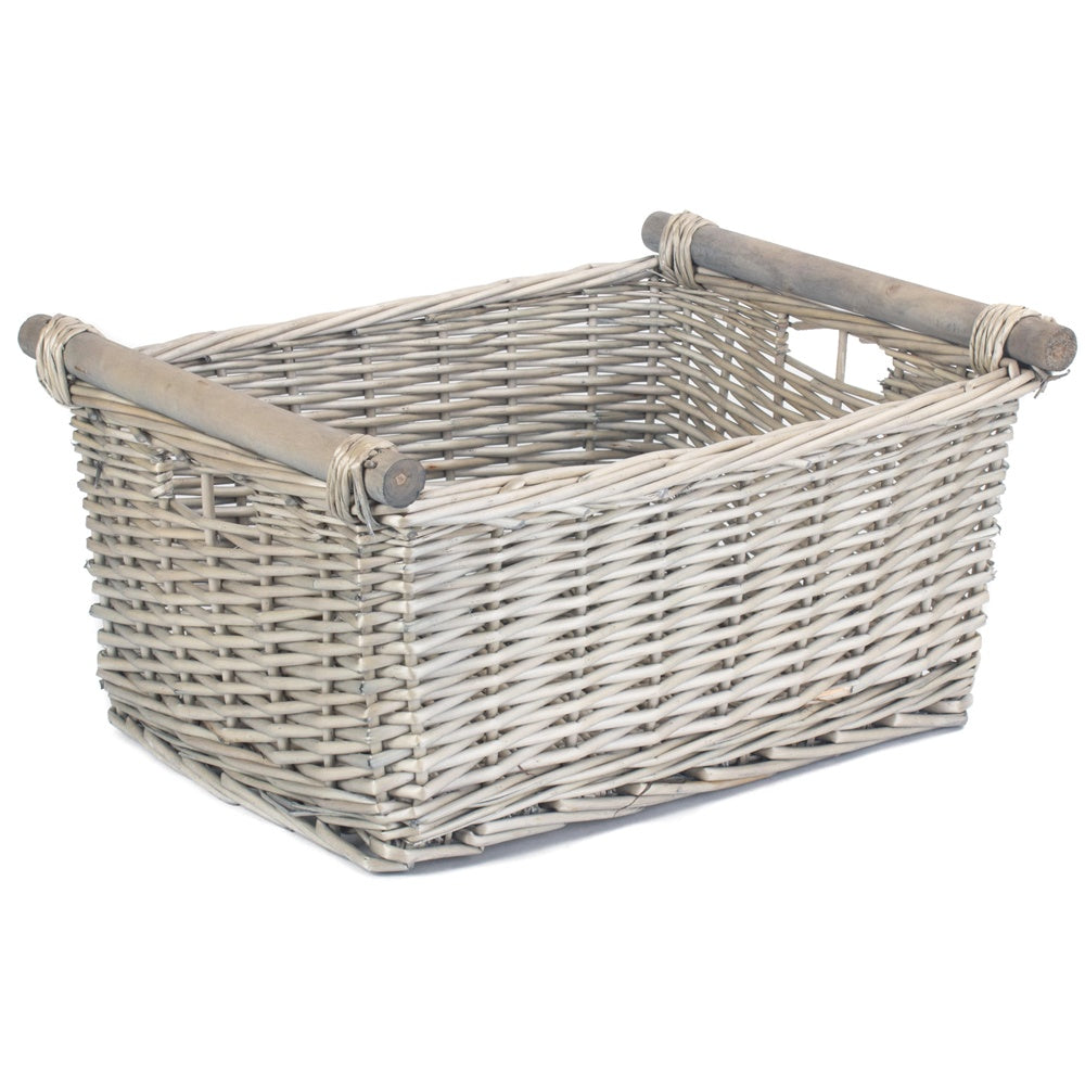 Red Hamper Grey Wash Wooden Handled Wicker Storage Basket