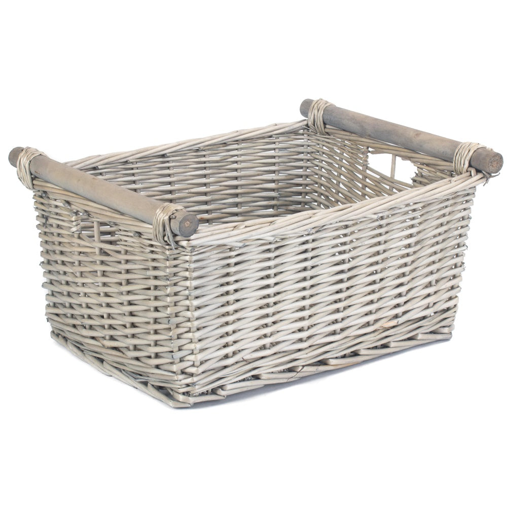 Panier de rangement en osier avec manche en bois gris Wash