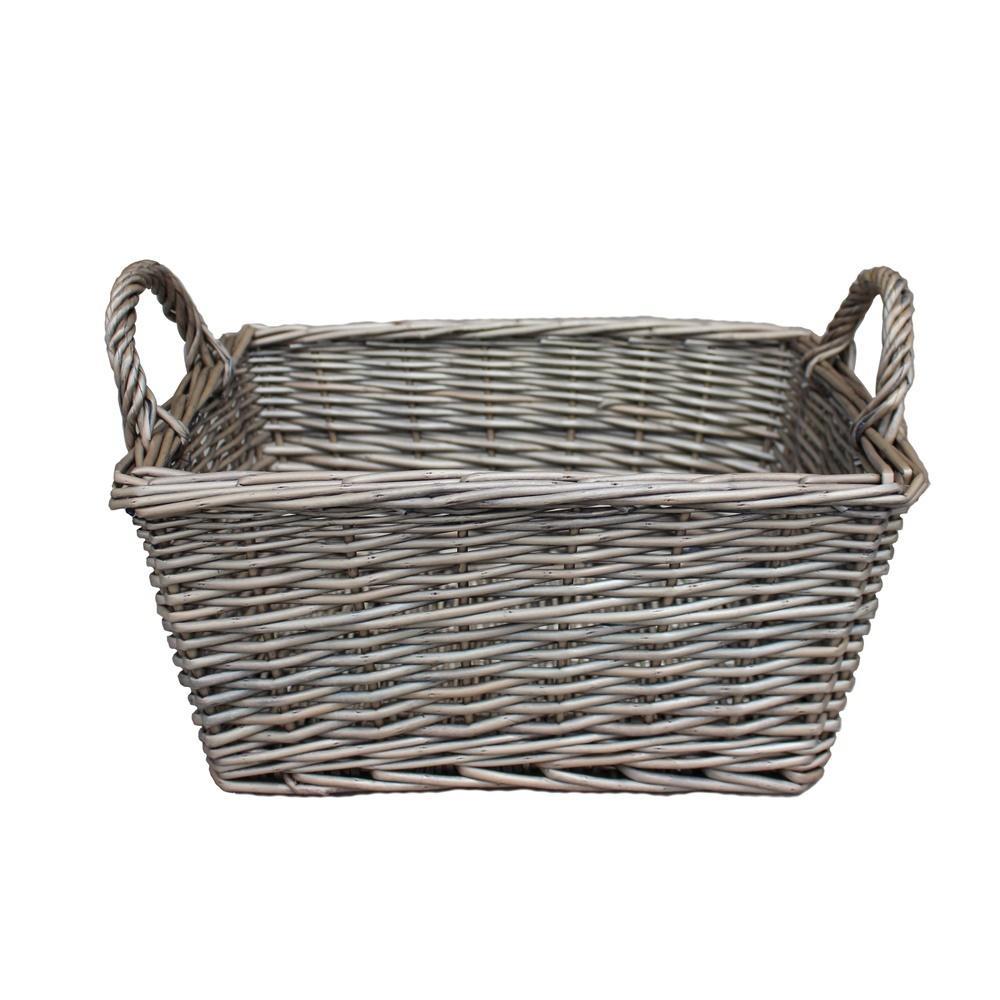 Wicker Antique Wash Finish Handled Unlined Storage Basket
