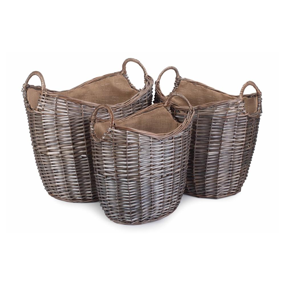 Red Hamper Scoop Neck Antique Wash Hessian Lined Wicker Log Basket