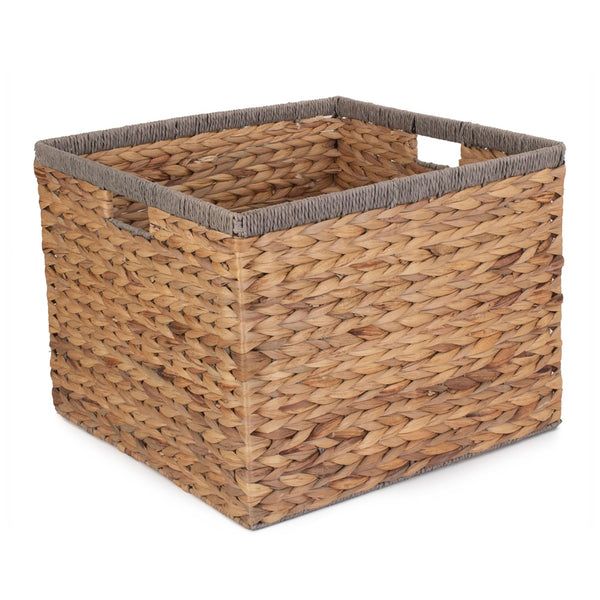 Red Hamper Square Water Hyacinth With Grey Rope Border Storage Basket