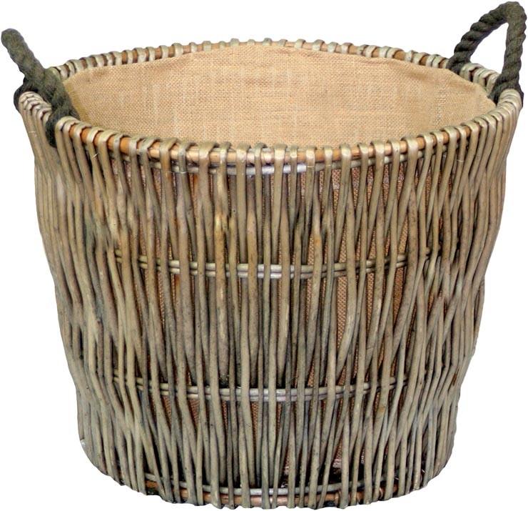 Round Grey Hessian Lined Log Basket