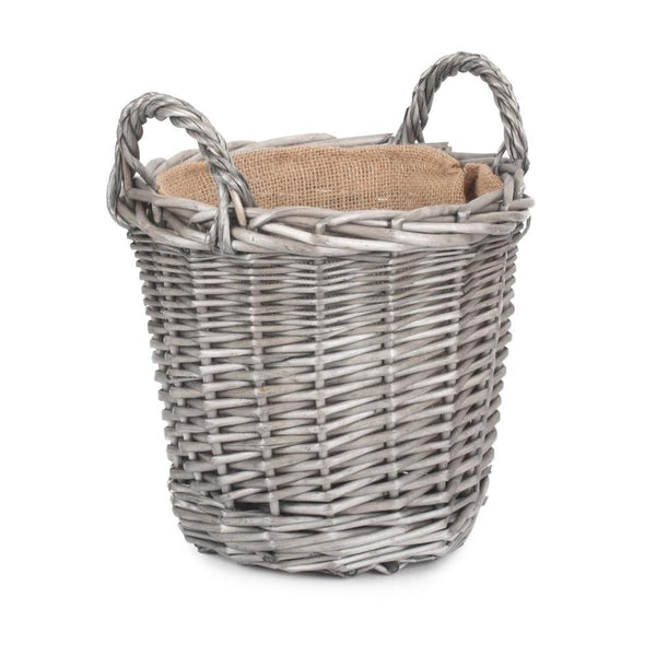 Round Antique Wash Finish Wicker Lined Wicker Log Basket