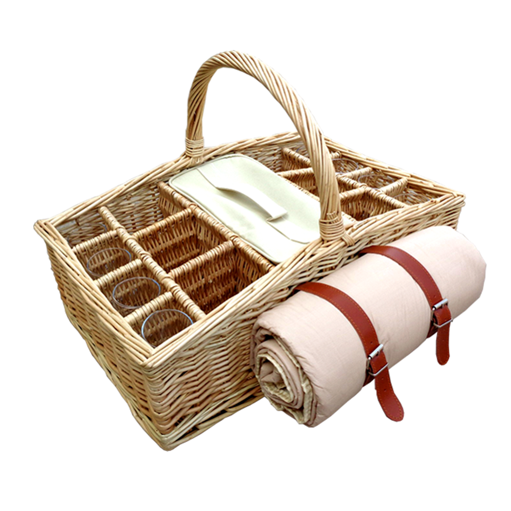 6 Bottle Wicker Picnic Basket with Glasses and Blanket
